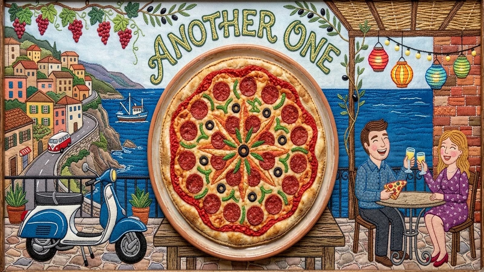 Mediterranean pizza, scooter and coastal terrace artwork