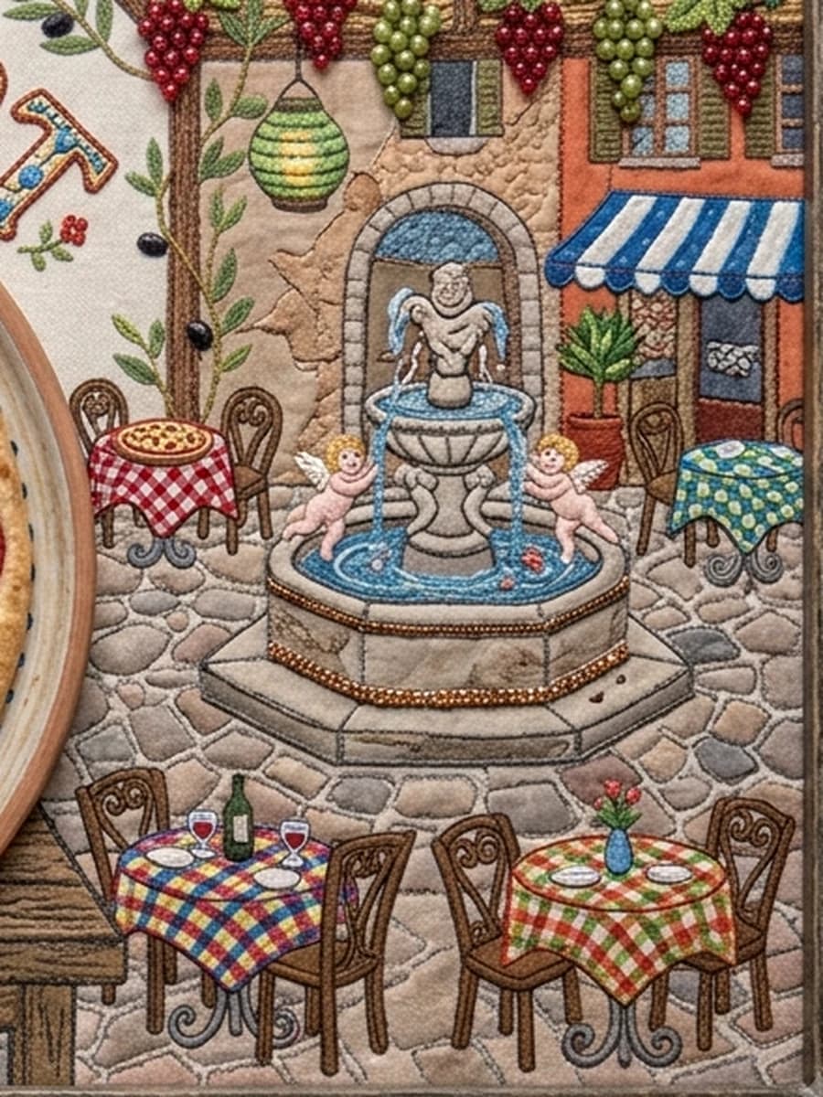 Courtyard dining scene with Mediterranean fountain