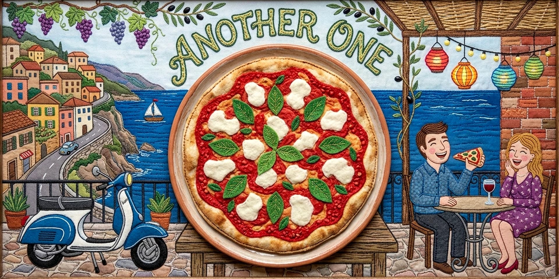 Embroidered-style Mediterranean coast, pizza and terrace scene