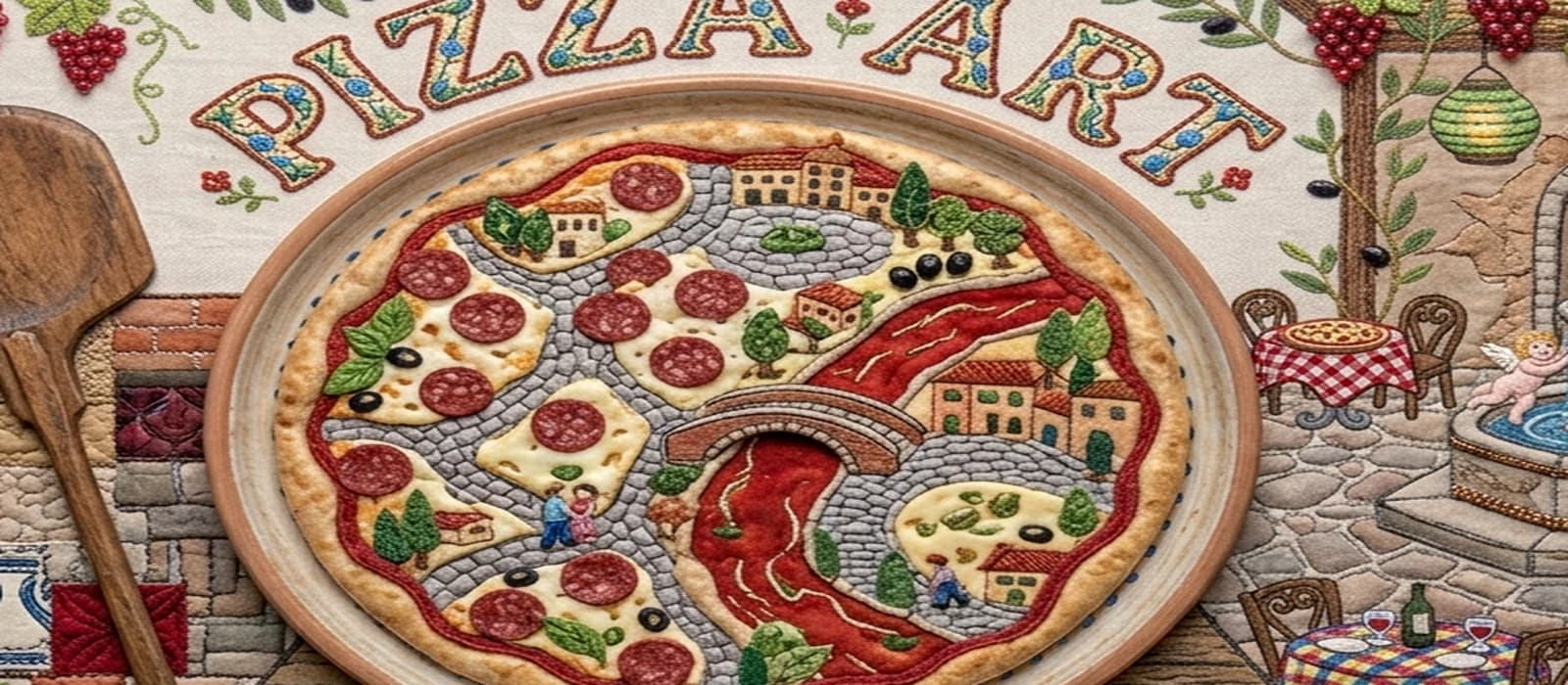 Mediterranean village and pizza mosaic scene