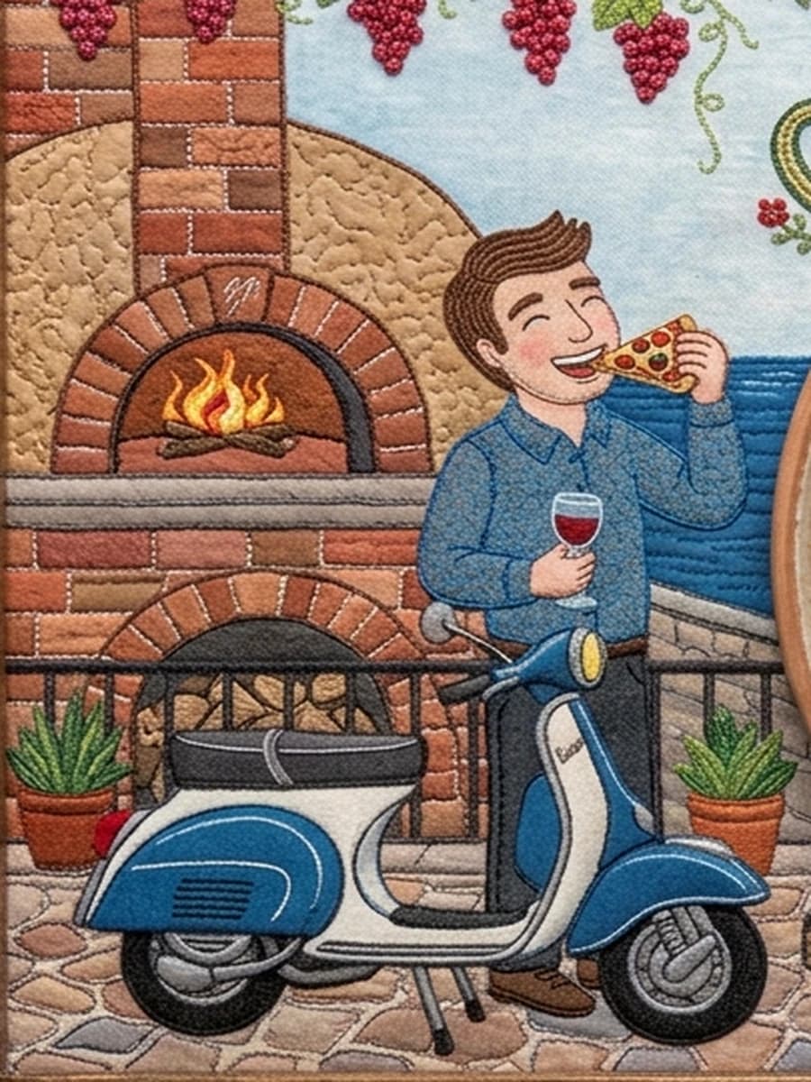 Blue scooter and brick oven in embroidered Mediterranean artwork