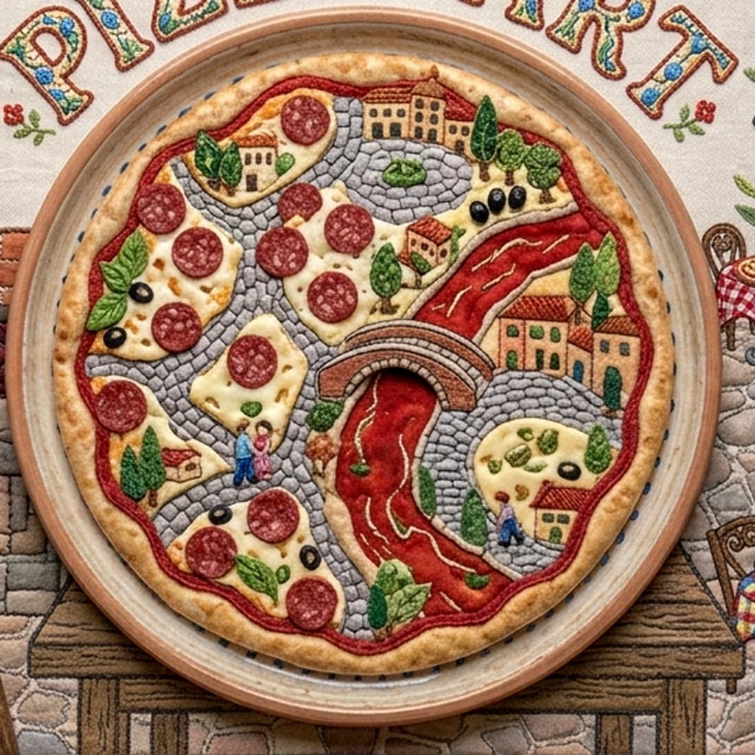 Pizza arranged as an edible Mediterranean scene