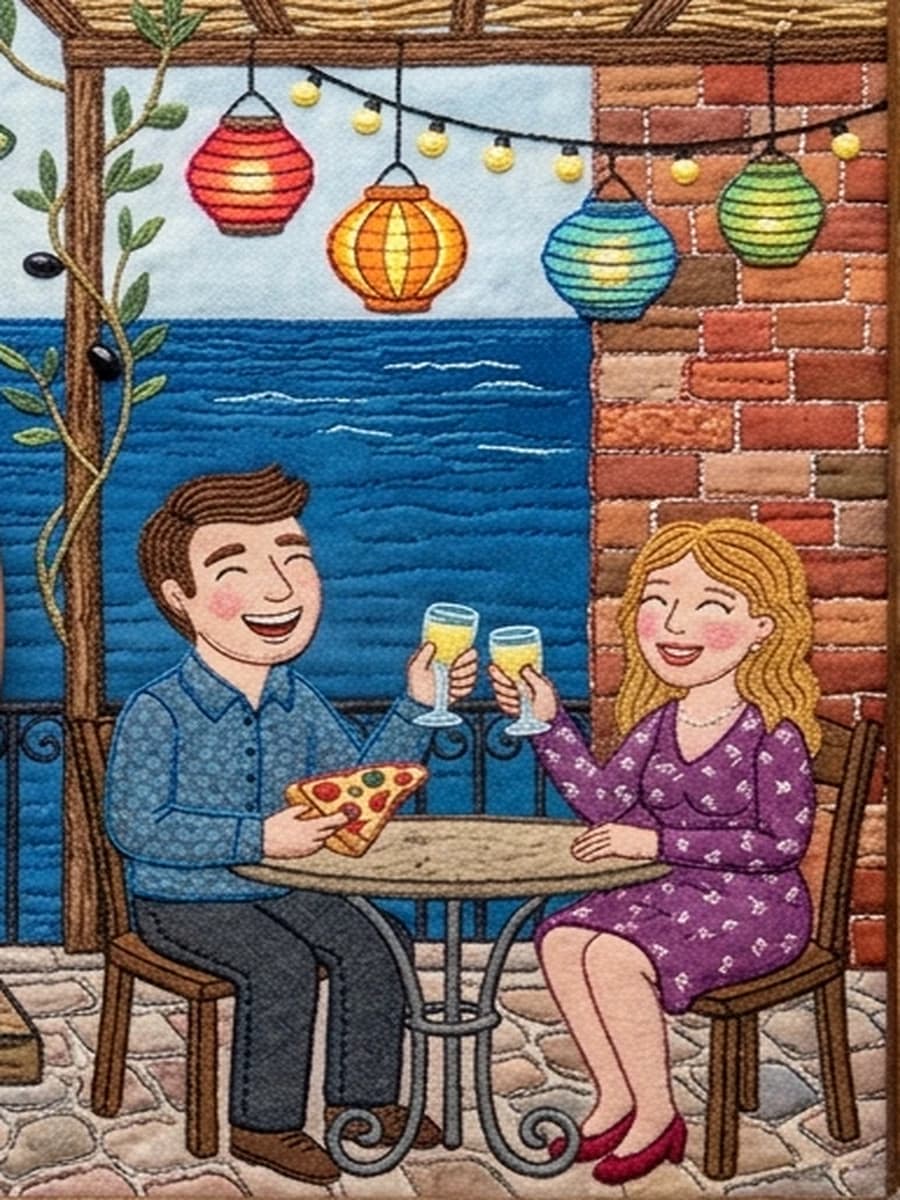 Couple sharing pizza on a coastal terrace