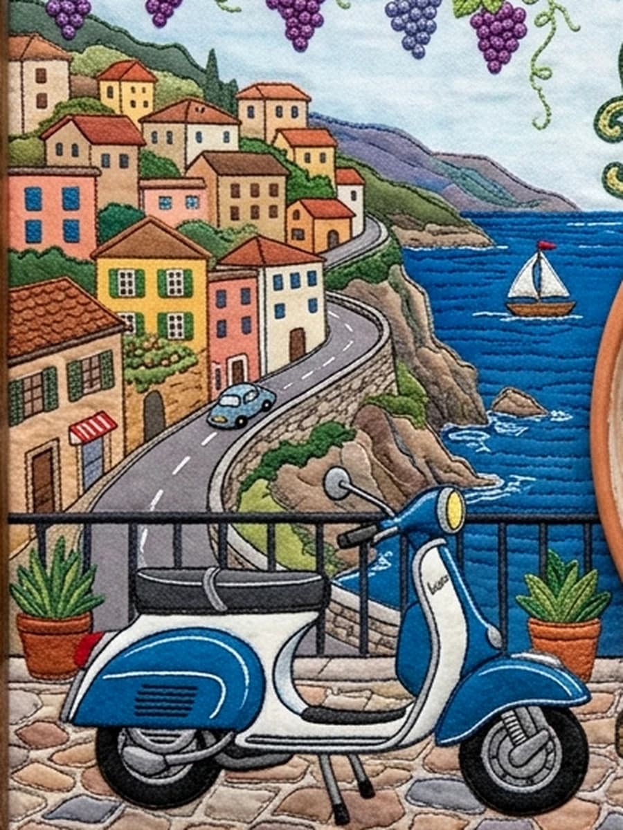 Mediterranean village road rendered like stitched folk art